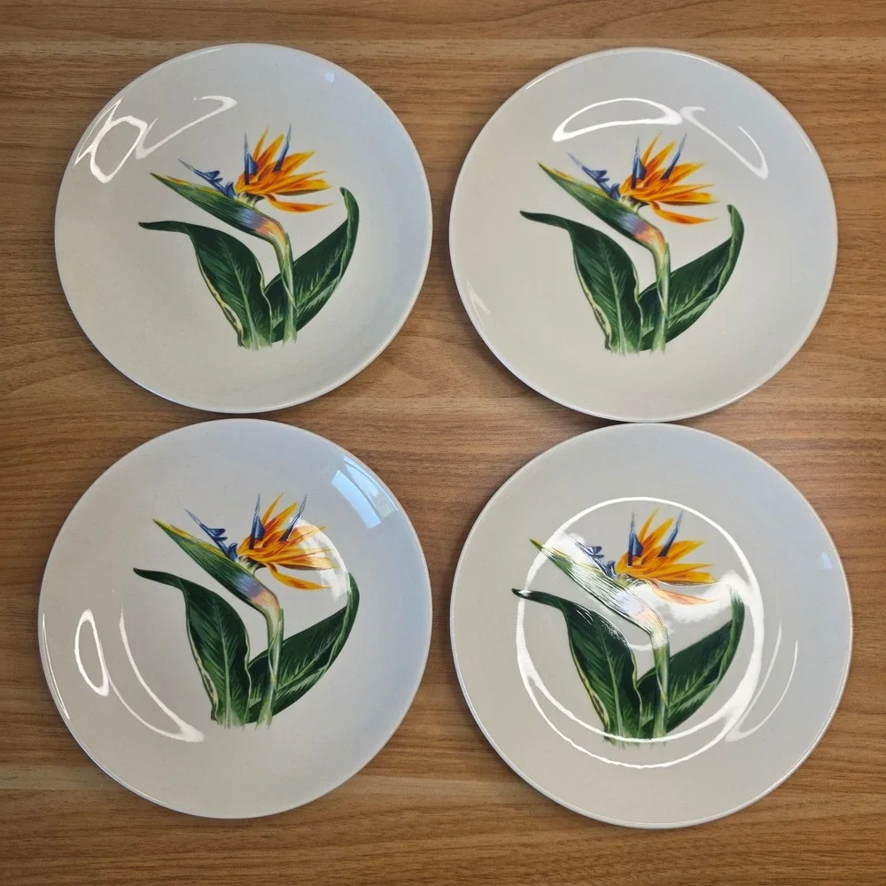 Santa Anita Ware Flowers Of Hawaii Bird Of Paradise 8 Bread & Butter Plates 1949